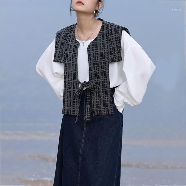 

ewq] shirt women's plaid shawl high street two-piece loose full sleeve sailor collar 2020 spring autumn new fashion tide tu6851, White