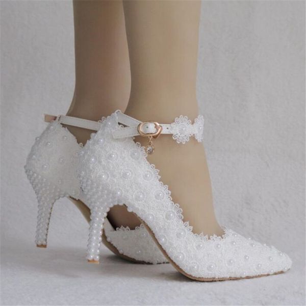 

white lace heels wedding party women's high heel bridal shoes plus size 34-41 y200702, Black
