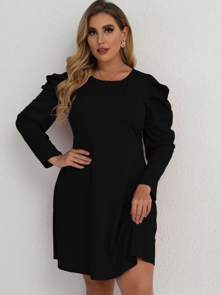 

plus gigot sleeve solid a-line dress v5kv#, Black