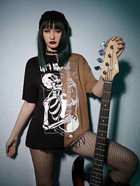 

romwe x jrart altspo slogan skull & guitar graphic colorblock tee o6tk#, White