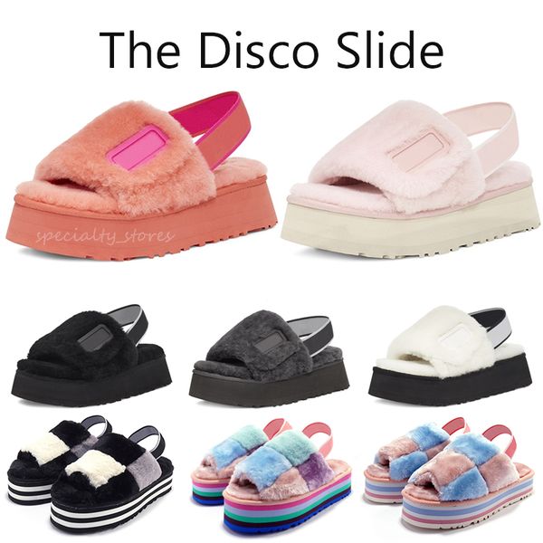 

2021 women rainbow mules pantoufle warn winter men slippers real fur disco checker slide slides platform sandals hausschuhe thick bottom, Black