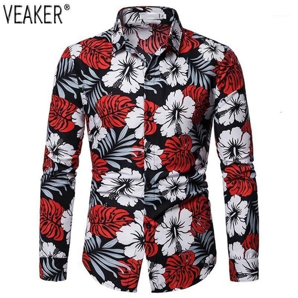 

2019 new men flower printed shirts long mounds flowers shirt man slim fit casual shirts lent herfst men basic  -3xl1, White;black
