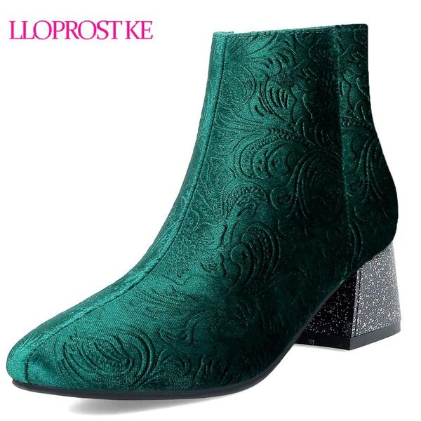 

boots lloprost ke women black red green autumn winter ladies flock zipper square heel ankle big size 32-48 d155