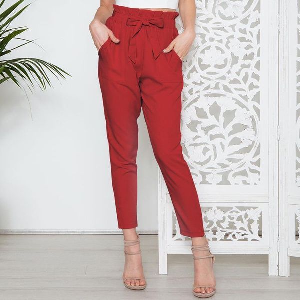 

cropped paper bag pants high waist women ankle pants pencil slim casual trouser drop shipping good quality, Black;white