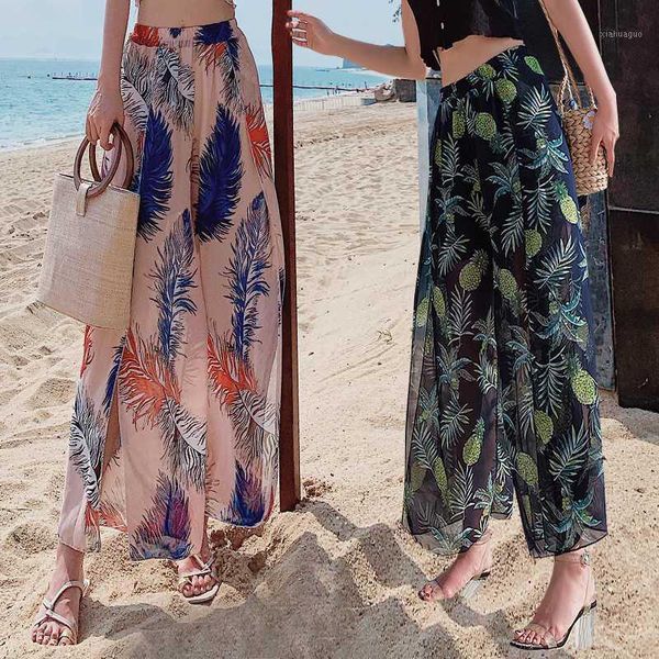 

summer female holiday trousers thin beach pants female bohemian flowers print ninth pant pineapple print women wide leg pants1, Black;white