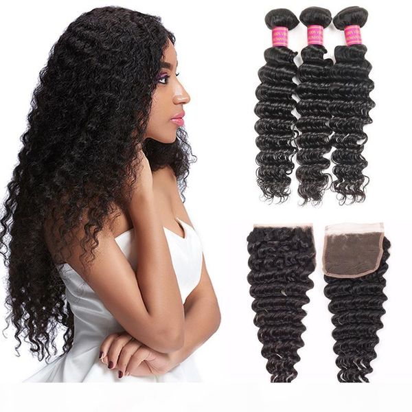 

malaysian deep wave with closure hair bundles with 4x4 lace closure 8a unprocessed human hair weaves 3 bundles deep wave hair with closure, Black;brown