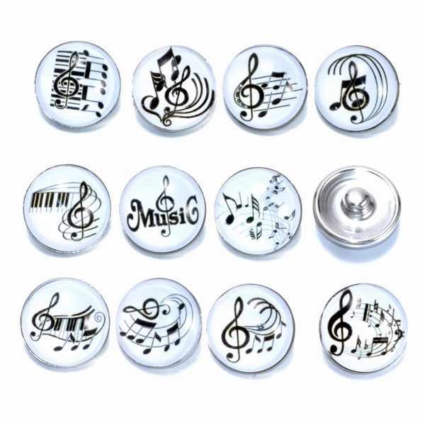 

12pcs/lot black music glass symbol pattern snap button for diy charms bracelet 18mm snaps jewelry kz0176