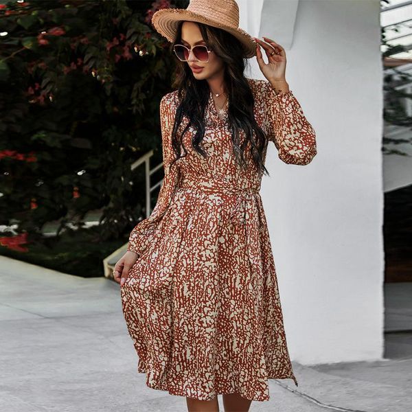 

2021 spring new floral print women dress v neck long sleeve swing dresses female ruffles slim sashes mid-calf dress vestidos1, Black;gray