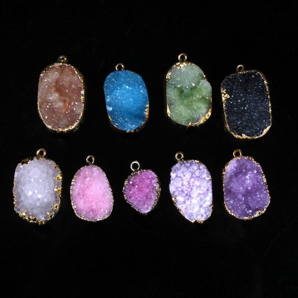 

pendant necklaces seven chakra gold color edge orm natual druzy drusy beads necklace raw geode quartz crystal gem-stone nekclace 2pcs, Silver
