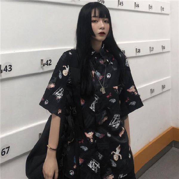 

trending blouse half sleeve lapel woman shirt girl printing button design1, White