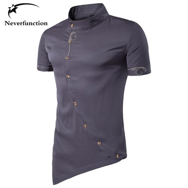 

men's casual shirts slim irregular hem shirt tide fashion embroidery short sleeves business stand collar dress men, White;black