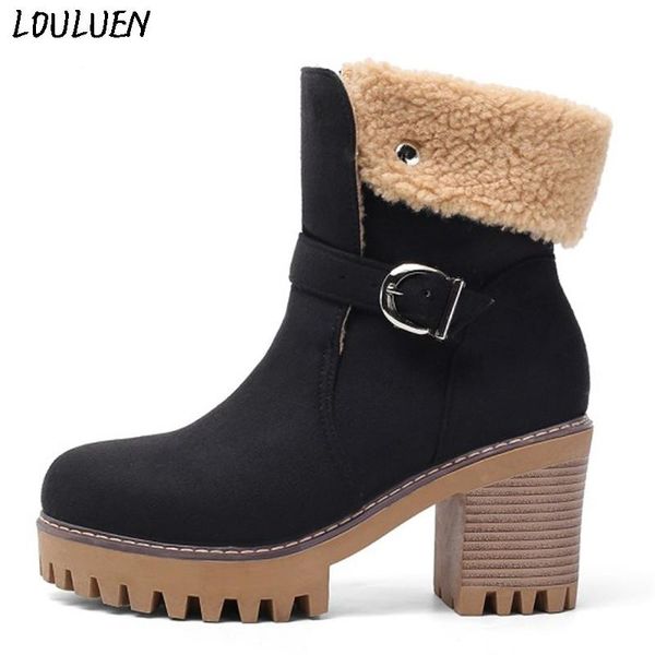 

boots louluen 2021 women winter warm square high heel buckle ankle bare casual booties roman laarzen bottes mujer, Black
