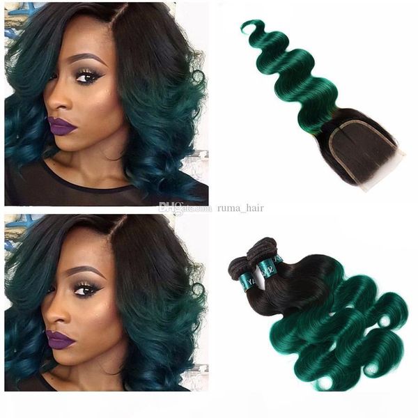 

dark roots green lace closure with bundles two tone ombre human body wave hair weave with lace closure baby hair around, Black;brown