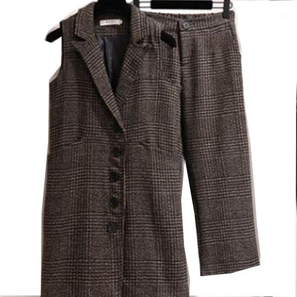 

fashion plaid suit female new high-end spring and autumn plus size 5xl wool plaid vest + wide leg pants two-piece suits women1, White