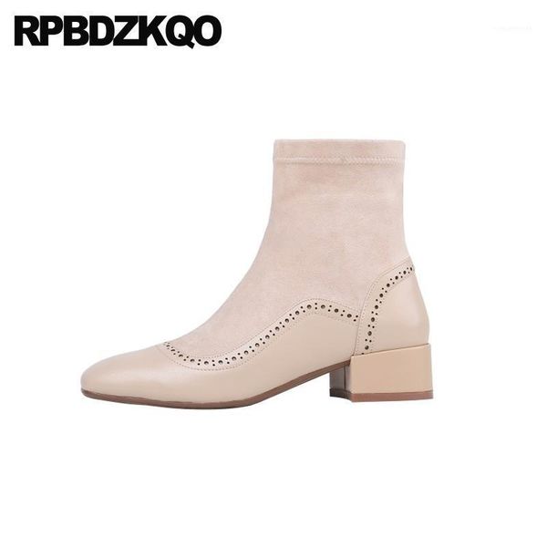 

boots women ankle medium heel chunky fall genuine leather square toe 2021 slip on designer shoes autumn fur block suede thick1, Black