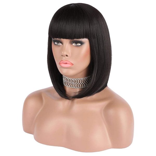 

12'' natural soft short straight black bob wig hair synthetic fiber hair wigs high temperature heat resistantfor party cosplay