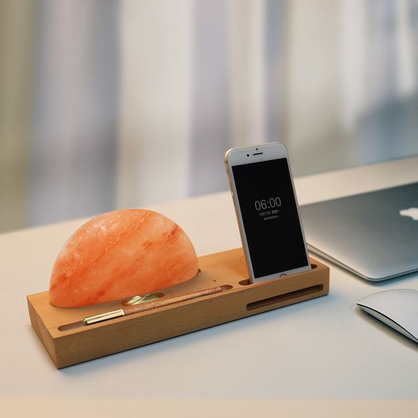 

touch dimming sunrise led gift night light himalayas salt lamp with mobile phone wireless charging pen&phone holder