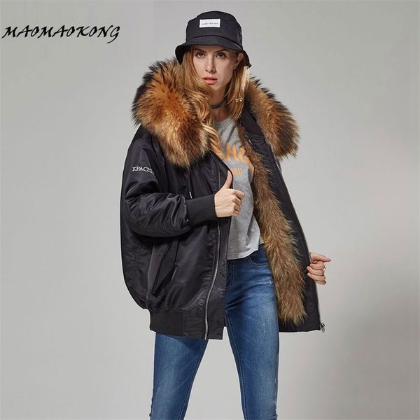 

brand winter jacket women long parka pattern letter embroidery loose real raccoon fur coat warm real raccoon fur liner 201210, Black;brown
