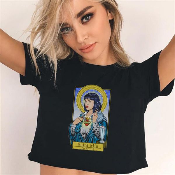 

vintage pulp fiction t shirt female harajuku kawaii quentin tarantino mia wallace graphic tees vogue crop t shirt women, White