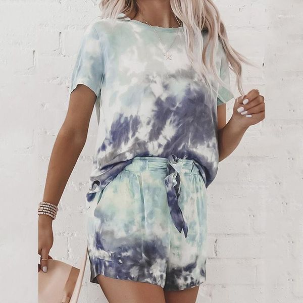 

yoga outfits tie dye printed short pajamas set 2021 summer sleeve and shorts sleeping fashion homewear nightwear sleepwear1, White;red