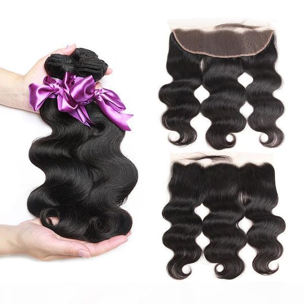 

brazilain 13x4 ear to ear lace frontal closure with bundles brazilain body wave virgin human hair weave extensions with lace frontal, Black