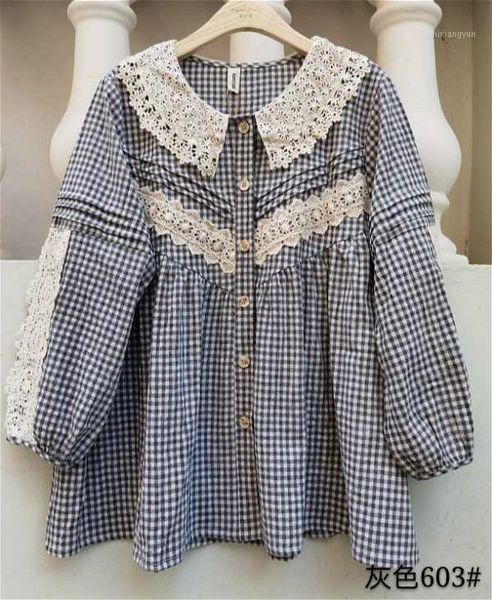 

new autumn cotton linen plaid shirt women japan style fresh long sleeve shirt1, White