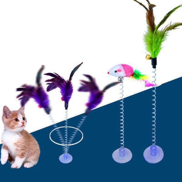 

cat toys 1pc funny interactive toy with bottom sucker elastic spring feather plush false mouse pet training gift1