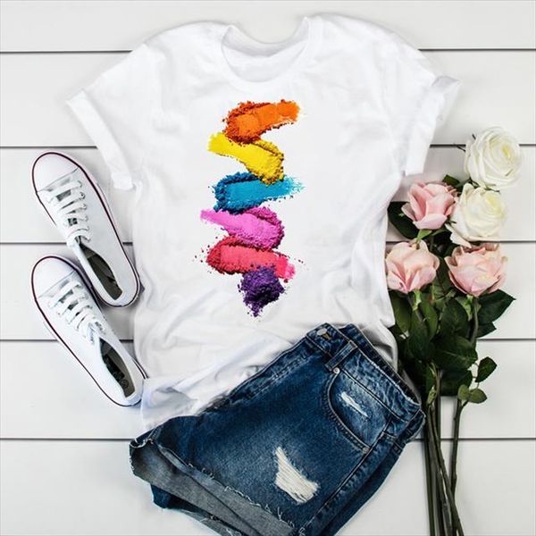 

3d nail polis t shirt women harajuku vogue aesthetic cosmetic coating t shirt rainbow colorful ulzzang graphic korean style, White