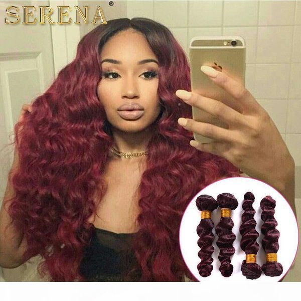 

4 bundles lot 99j# malaysian remy human hair extension human hair weaving 100g bundle loose wave virgin human hair weave colorful wine red, Black