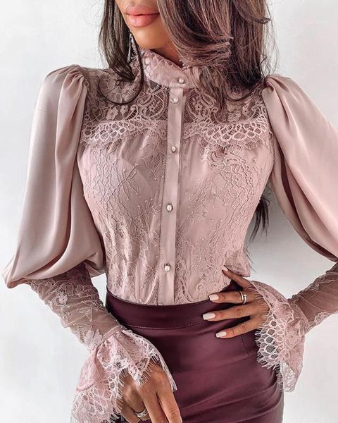 

women high neck long sleeve casual blouse workwear lace patchwork puff sleeve buttoned blouse1, White