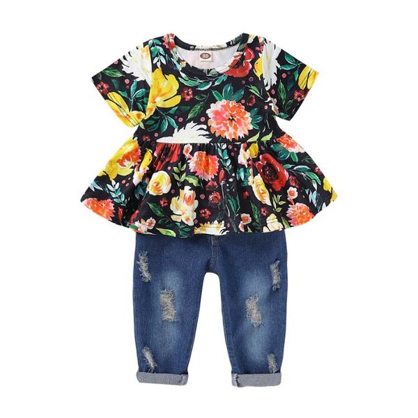 

clothing sets girls' baby suit fashion style children's birthday one year old short sleeve printed perforated pants 2-piece, White