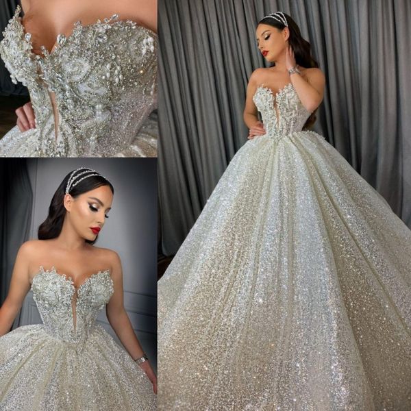

sparkle sequins vestidos de novia 2021 wedding dress sweetheart beading bridal gowns backless princess robe de mariee, White