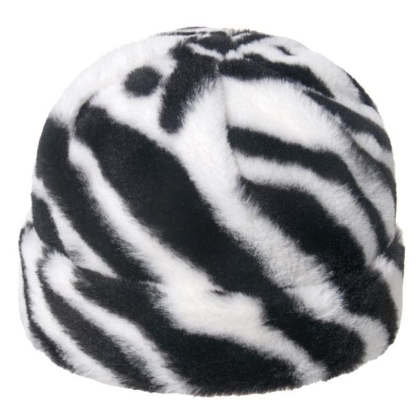 

vintage zebra stripes beanie hat winter fuzzy plush warm cuffed skull cap