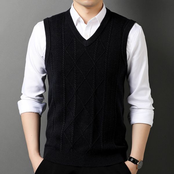 

autumn winter young and middle-aged waistcoat sleeve less woolen vest solid color bottomed sweater shoulder men's wear, Black;white