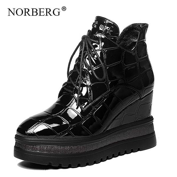 

norberg new fashion winter women boots black shoes leather snow boots wedges woman booties winter shoes women