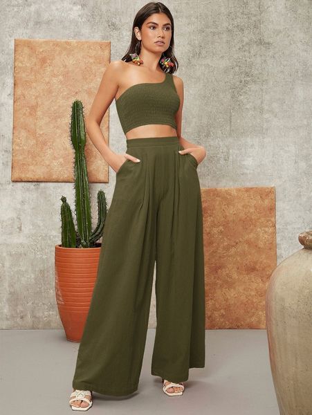 

one shoulder shirred crop & palazzo pants set f9vy#, White