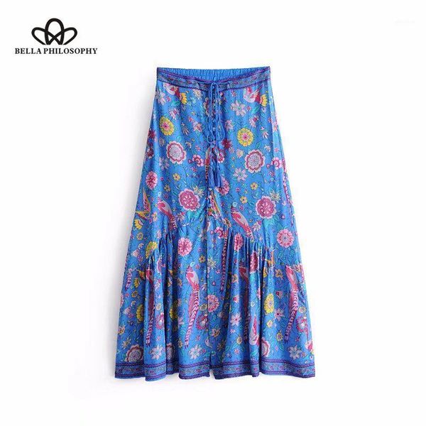 

herstory 2020 bohemian women mid calf skirts peacock printing tassels empire skirts sashes a line vintage fashion1, Black