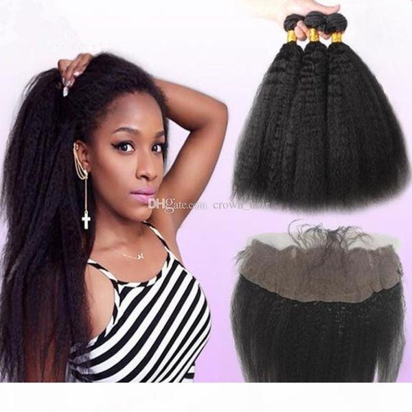 

9a mongolian kinky straight hair bundles with lace frontal parting italia coarse yaki lace frontal with human hair lace frontal 13*4, Black