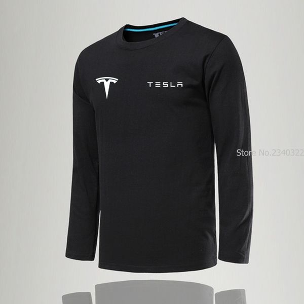 

new fashion o-neck solid tesla t-shirt casual long sleeve slim clothes men cotton tee shirts, White;black