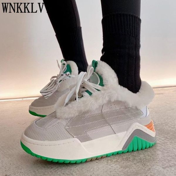

winter platform fur daddy shoes women flat suede patchwork lace up lovers sneakers real wool plus velvet thick warm snow boots, Black