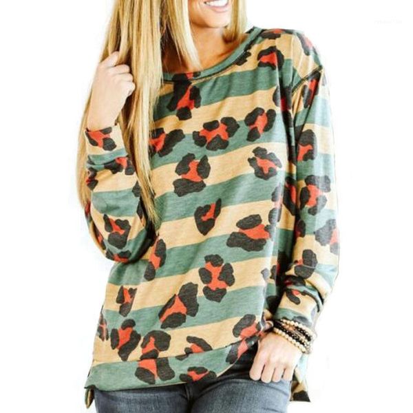 

tshirt crew neck long sleeve tees ladies spring autumn clothes women leopard striped, White