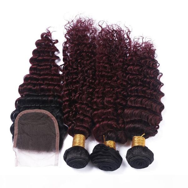 

wine red ombre virgin brazilian deep wave human hair 3bundles deals with closure ombre 1b 99j burgundy hair weaves with 4x4 lace closure, Black;brown
