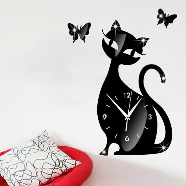 

wall clocks 3d diy clock cute cat mirror black living room bedroom mall silent home decor watch sticker adhesive