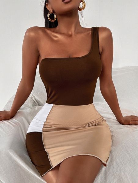 

sxy one shoulder color block titching bodycon dress r11i#, Black;gray