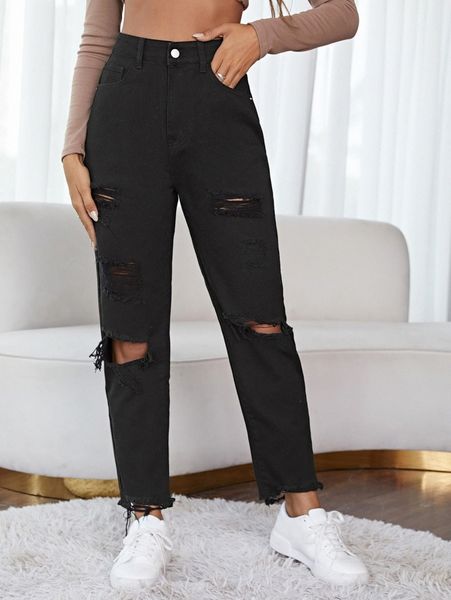 

ripped raw hem mom jeans l25w#, Blue