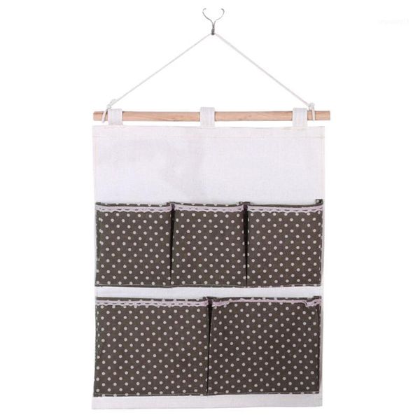 

keys kitchen door packing cotton linen storage bag closet pouch bedroom cosmetics 5 pockets wall hanging dots printed organizer1