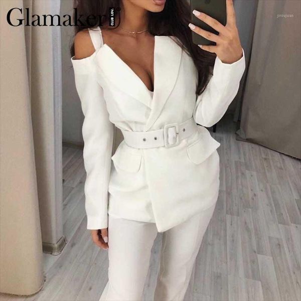 

glamaker white cold shoulder blazer suit sets women autumn long sleeve two piece set elegant 2020 ladies outfits pants suit1, White;black