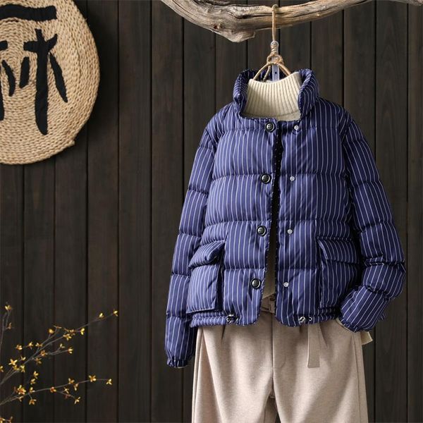 

women's down & parkas autumn winter retro style striped duck coat female stand collar printed warm coats soft fluffy jacket f334, Black