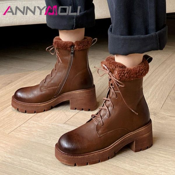 

boots annymoli natural genuine leather platform block heels short women zip high heel ankle lace up warm snow lady, Black