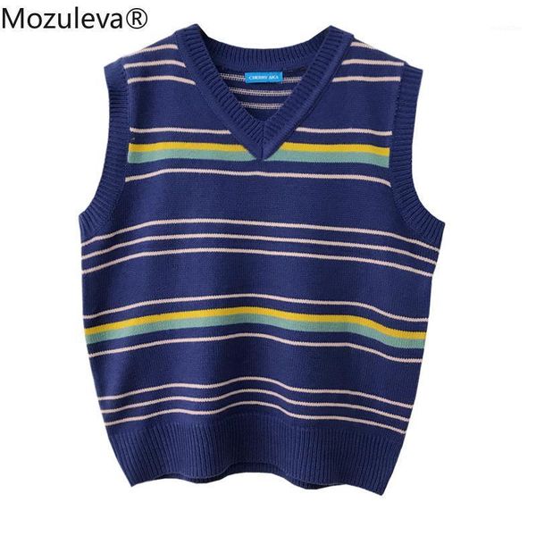 

mozuleva 2021 autumn winter winter striped v-neck women vest pullover knitted vest womens vests for women1, Black;white